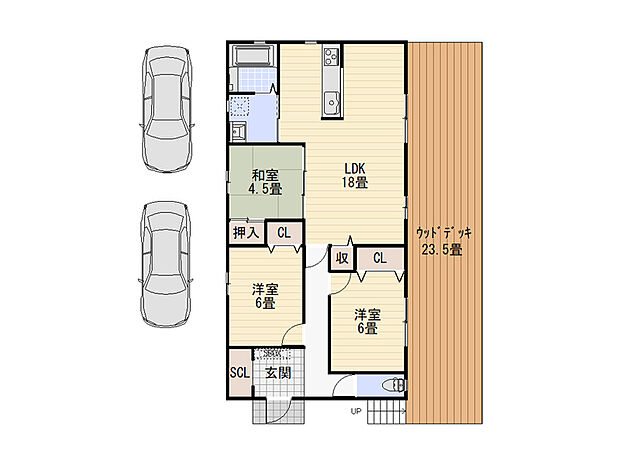 【平屋建てプラン図】広々としたLDKは、隣接する和室を開放して一体でも利用可能◎LDと洋室1部屋がウッドデッキに面し、開放感溢れる住まいです。(建物価格1770万円、建物面積81m2、ウッドデッキ除く)