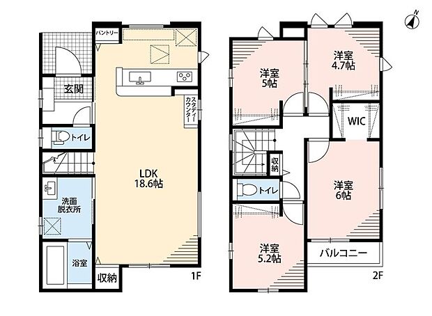 4598万円、4LDK、土地面積145.81m2、建物面積92.12m2 18.6帖の奥行のあるリビング☆1階に収納スペース2か所あり♪