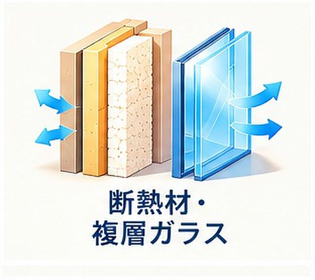 【断熱材・複層ガラス】壁や天井に高性能な断熱材を施工し、窓には熱を逃がしにくい複層ガラスを採用。外気の影響を受けにくく、夏は涼しく冬は暖かい快適な室内環境を実現します。結露の発生も抑え、冷暖房効率が上がり省エネに貢献。