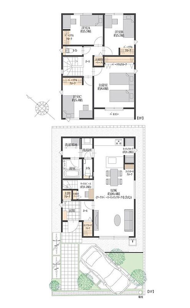 【4LDK】LDKは約20.4帖(ワークスペース、キッチンクローク含む)とゆとりある広さです。パーソナルクローク、土間クロークなどの収納があります。