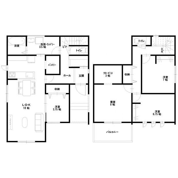 18帖のLDKと隣接する3.75帖の洋室を計画した4LDK。洗面・ランドリーやパントリー、2階の収納配置も確認できます。