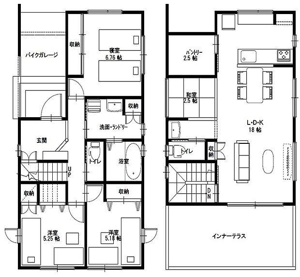 【3LDK】1階に3つの洋室、2階に18帖のLDKを配置した3LDKです。パントリーやインナーテラスも備えています。
