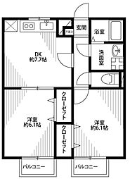 アムール HAPPINESS 2階2DKの間取り
