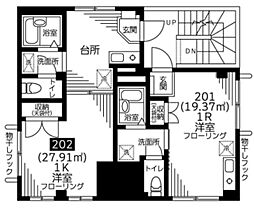レジデンス南台 2階1Kの間取り