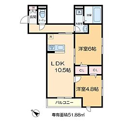 セレスティア西綾瀬 2階2LDKの間取り