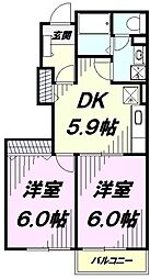 ベルパレスI 1階2DKの間取り