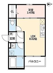 シャン・ルミエールおおとり 2階1LDKの間取り