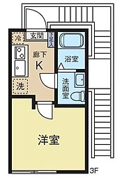 カトレア船橋 3階1Kの間取り