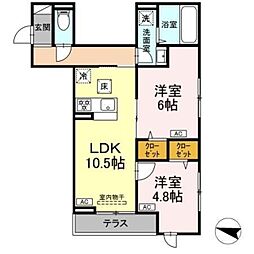 セレスティア西綾瀬 1階2LDKの間取り