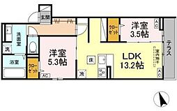 JR中央線 三鷹駅 徒歩16分の賃貸アパート 1階2LDKの間取り
