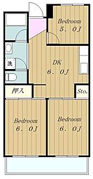 小田急小田原線 相模大野駅 バス5分 みゆき台団地下車 徒歩5分の賃貸マンション 2階3DKの間取り