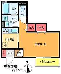 サニーハイツリズム 1階ワンルームの間取り