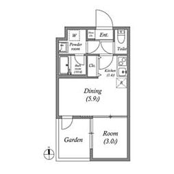 VINA山科WEST 1階1LDKの間取り