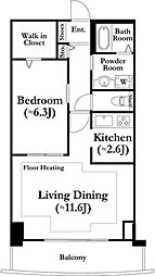 河田町ガーデン 1号棟 13階1LDKの間取り