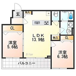 MOCXION桃山 1階2LDKの間取り