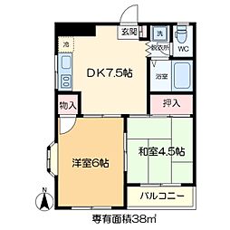 ドミールなかや 3階2DKの間取り