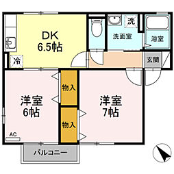 プリヤンモア 2階2DKの間取り