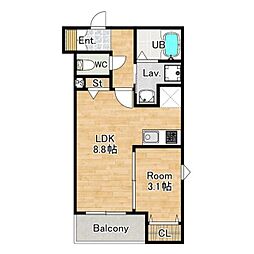 ザカラー東本町A棟 1階1LDKの間取り