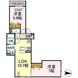 アンソレイエII 2階2LDKの間取り