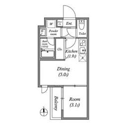 VINA山科WEST 2階1DKの間取り