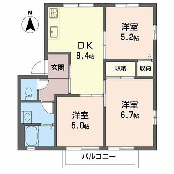 ローザパレスＣ C206｜兵庫県神戸市北区有野中町３丁目(賃貸アパート3DK・2階・54.00㎡)の写真 その2