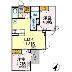セレスティア扇III 3階2LDKの間取り