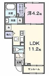ロジュマン湖北台 1階1LDKの間取り