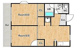 リバーサイド北田園 2DKの間取図画像