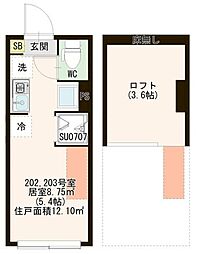 琴苑テラスときわ台 2階ワンルームの間取り