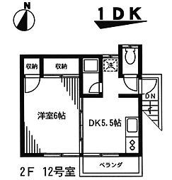 ヒルズＢ 2階1DKの間取り