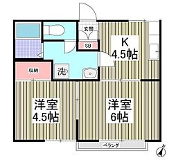 田中ハイツG棟 1階2Kの間取り