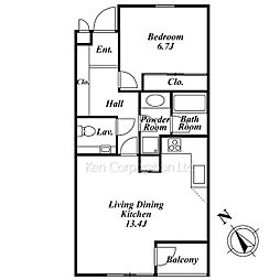 御殿山パークシティ 2階1LDKの間取り