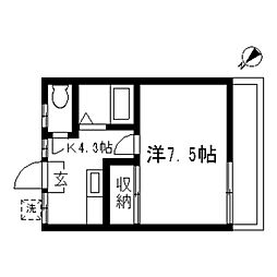 アースパックス2号棟 2階1Kの間取り