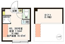 ハーモニーフロント中板橋 2階ワンルームの間取り