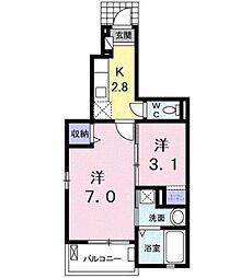 ラルーチェII 1階2Kの間取り
