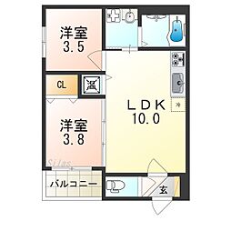 南海高野線 浅香山駅 徒歩9分の賃貸アパート 2階2LDKの間取り
