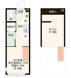 ハーモニーテラス見次公園 1階ワンルームの間取り