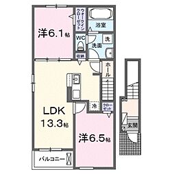 JR和歌山線 布施屋駅 3.6kmの賃貸アパート 2階2LDKの間取り