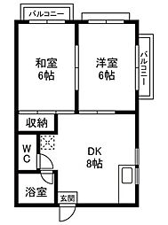 白鶴ハイム 2階2DKの間取り