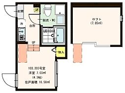 ハーモニーテラス足立II 1階ワンルームの間取り