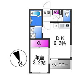 ハーモニーテラス住吉II 2階1DKの間取り