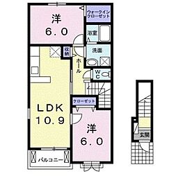 小田急小田原線 渋沢駅 バス5分 土橋下車 徒歩5分の賃貸アパート 2階2LDKの間取り