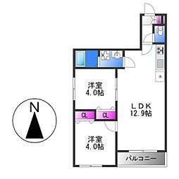 FeLiciare HANATEN 1階2LDKの間取り