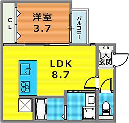 リアンデ脇浜 1階1LDKの間取り