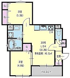 尼崎市元浜町5丁目アパート 2LDKの間取図画像