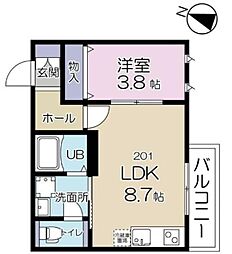 JR山手線 目黒駅 徒歩17分の賃貸マンション 2階1LDKの間取り