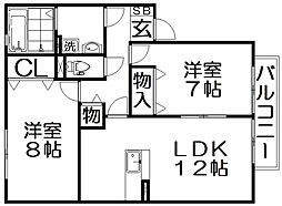 エストコリーヌ2番館 2LDKの間取図画像