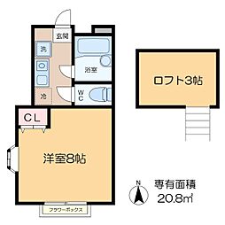 コーポ山本II 2階1Kの間取り