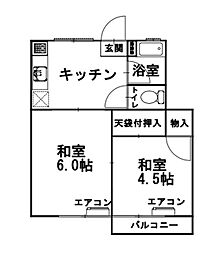 朝日ハイツ 2階2DKの間取り