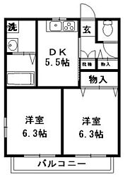 グリーンドエル 2階2DKの間取り